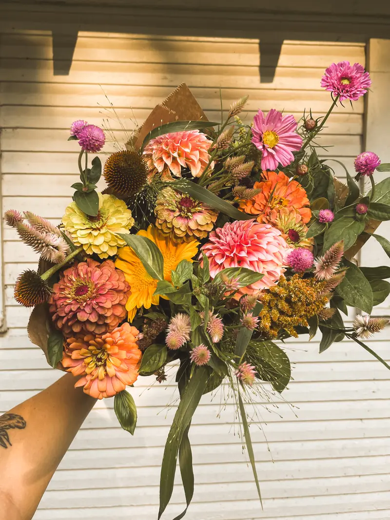 A late-summer bouquet of pink and orange zinnias, coneflower seed heads, and celosia catching golden evening light.